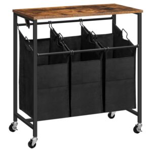 laundry hamper cart, 3-section laundry basket with flip top, 29.5"l x 15.7"w x 32.7"h, laundry sorter, 3 10 gal (38l), removable oxford fabric laundry bags, rustic brown and