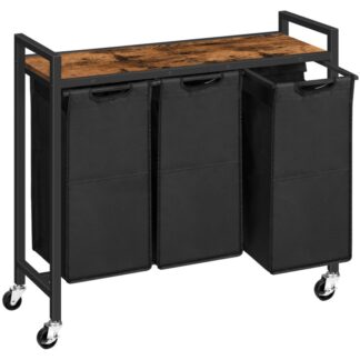 Διαλογέας πλυντηρίου 3 Τμήμα, Πλυντήριο εμποδίζει με τροχούς, 3  11.5 Gal (43.4μεγάλο), Καλάθι πλυντηρίου, Πτυσσόμενες και αφαιρούμενες υφασμάτινες τσάντες πλυντηρίου Oxford, Ρουστίκ καφέ και μαύρο