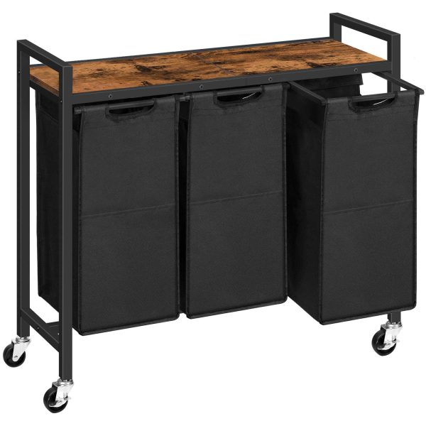 3-Trieuse de linge roulante Section, 34.5 Gallon (130L) Panier à linge à capacité totale avec roulettes verrouillables, Sacs amovibles en tissu Oxford, Brun rustique & Noir