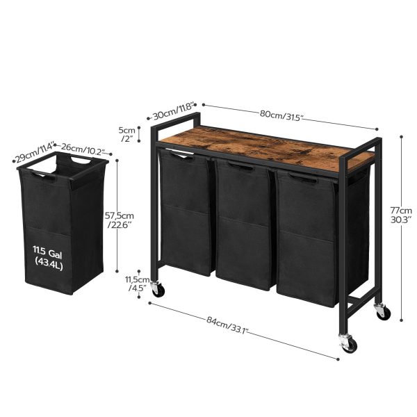 3-Trieuse de linge roulante Section, 34.5 Gallon (130L) Panier à linge à capacité totale avec roulettes verrouillables, Sacs amovibles en tissu Oxford, Brun rustique & Noir