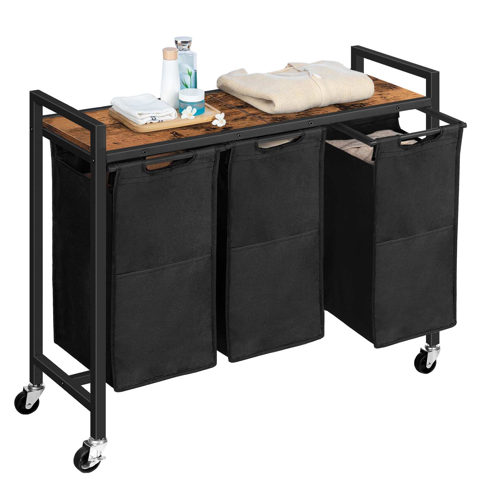 3-Trieuse de linge roulante Section, 34.5 Gallon (130L) Panier à linge à capacité totale avec roulettes verrouillables, Sacs amovibles en tissu Oxford, Brun rustique & Noir