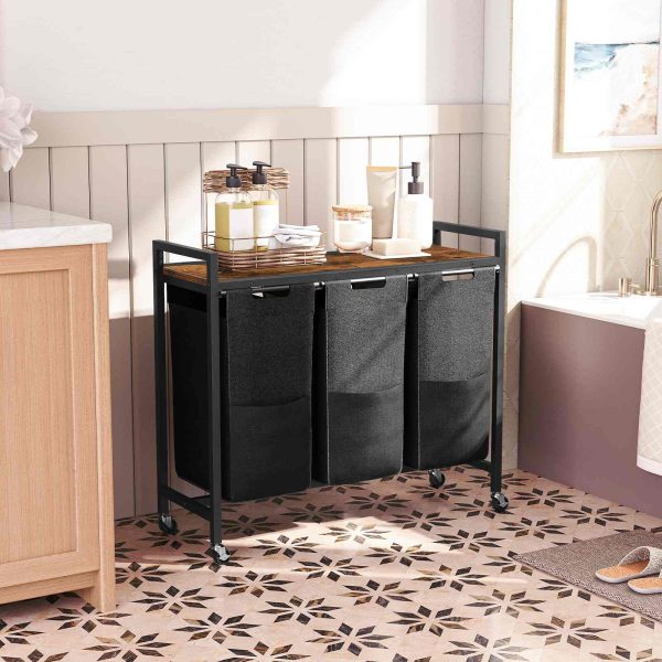 3-Trieuse de linge roulante Section, 34.5 Gallon (130L) Panier à linge à capacité totale avec roulettes verrouillables, Sacs amovibles en tissu Oxford, Brun rustique & Noir