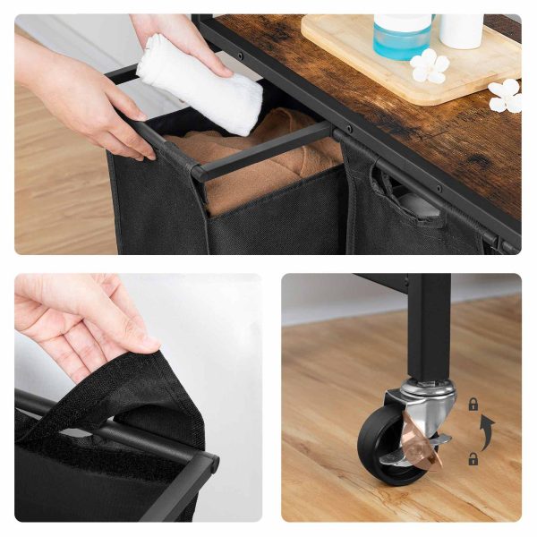 3-Trieuse de linge roulante Section, 34.5 Gallon (130L) Panier à linge à capacité totale avec roulettes verrouillables, Sacs amovibles en tissu Oxford, Brun rustique & Noir