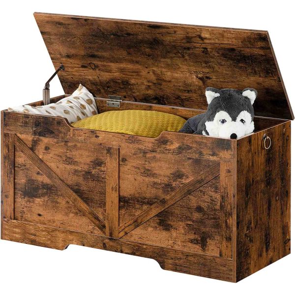 Vintage Wooden Storage Trunk, Retro Toy Chest Organizer with U-Shaped Cut-Out Handle, Multi-Functional Storage Bench, Safety Hinge Design, Sturdy Construction, Easy Assembly, Rustic Brown