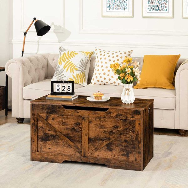 Vintage Wooden Storage Trunk, Retro Toy Chest Organizer with U-Shaped Cut-Out Handle, Multi-Functional Storage Bench, Safety Hinge Design, Sturdy Construction, Easy Assembly, Rustic Brown