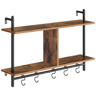 رفوف عائمة, 30.3 رف الجدار 2 بوصة مع الجدار مع 5 خطافات, الأنابيب الصناعية, رف التخزين مع قضيب معلق, لغرفة المعيشة, حمام, مطبخ, غرفة نوم, بني ريفي أسود