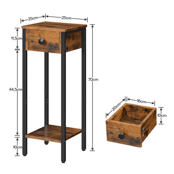 Set comodino da 2, 70Tavolino Porta Telefono Slim Alto cm con Struttura in Metallo, Comodino stretto dotato di cassetto e ripiano aperto, Design per risparmiare spazio, Marrone rustico & Nero