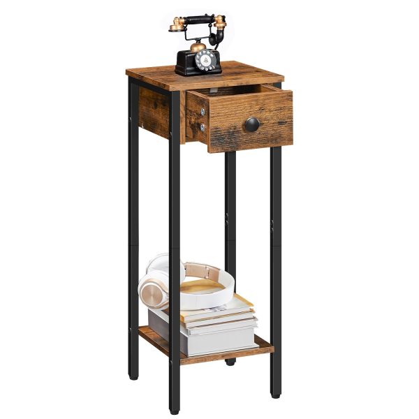 Set comodino da 2, 70Tavolino Porta Telefono Slim Alto cm con Struttura in Metallo, Comodino stretto dotato di cassetto e ripiano aperto, Design per risparmiare spazio, Marrone rustico & Nero