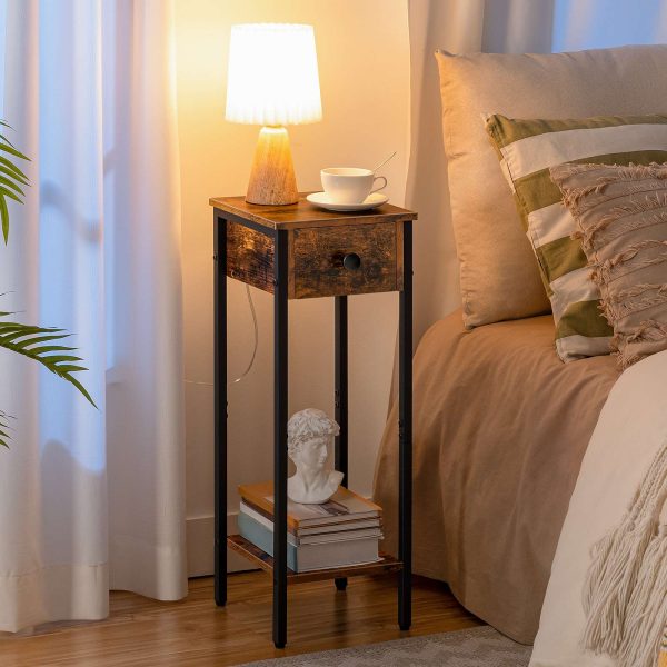 Set comodino da 2, 70Tavolino Porta Telefono Slim Alto cm con Struttura in Metallo, Comodino stretto dotato di cassetto e ripiano aperto, Design per risparmiare spazio, Marrone rustico & Nero