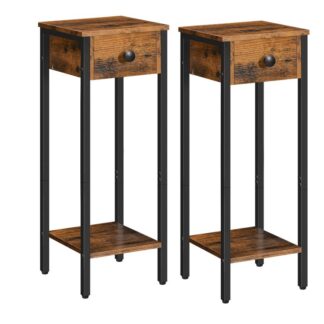bedside table set of 2, tall side table 25 cm, slim telephone table with metal frame, narrow bedside table with drawer, open shelf, space saver, nightstand, rustic brown and black