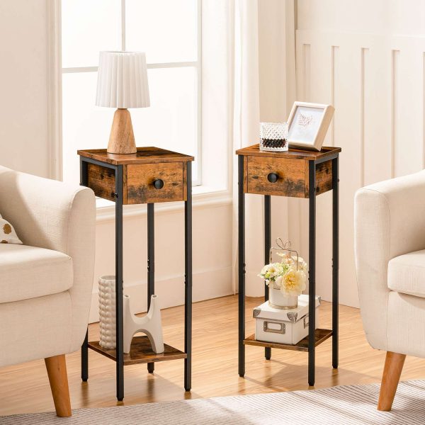 Set comodino da 2, 70Tavolino Porta Telefono Slim Alto cm con Struttura in Metallo, Comodino stretto dotato di cassetto e ripiano aperto, Design per risparmiare spazio, Marrone rustico & Nero