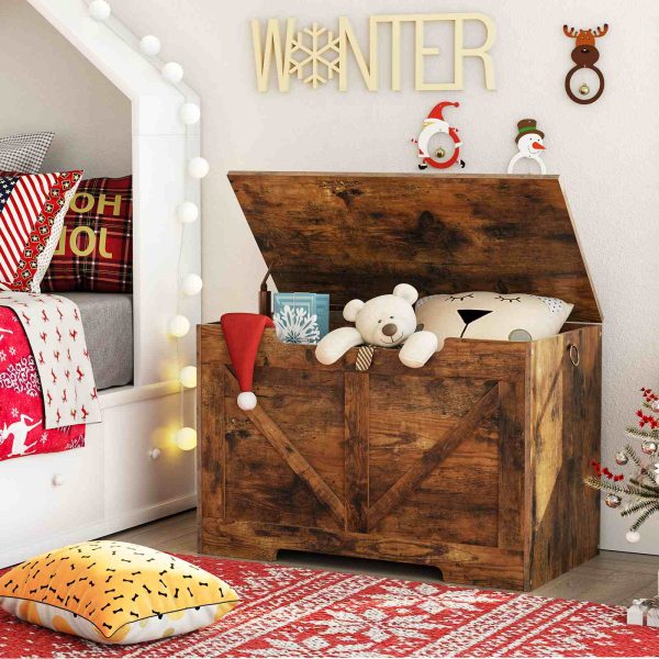 Drewniany kufer do przechowywania, Zamykana ławka do przechowywania z zawiasem zabezpieczającym, Organizator w rustykalnym brązowym pudełku na zabawki w stylu retro, Solidna konstrukcja konstrukcyjna, Łatwy montaż