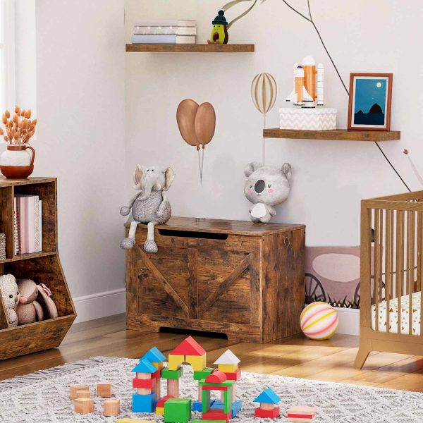 Drewniany kufer do przechowywania, Zamykana ławka do przechowywania z zawiasem zabezpieczającym, Organizator w rustykalnym brązowym pudełku na zabawki w stylu retro, Solidna konstrukcja konstrukcyjna, Łatwy montaż