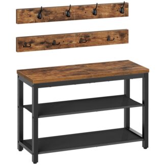 Rustykalne brązowe i czarne drzewo z ławką, Przemysłowy stojak z stojakiem, Stojak na buty wdrożei z haczykami, Ławka na buty z wieszakiem na ubrania, z 2 Półki z tkanin Oxford, Pokój błotny