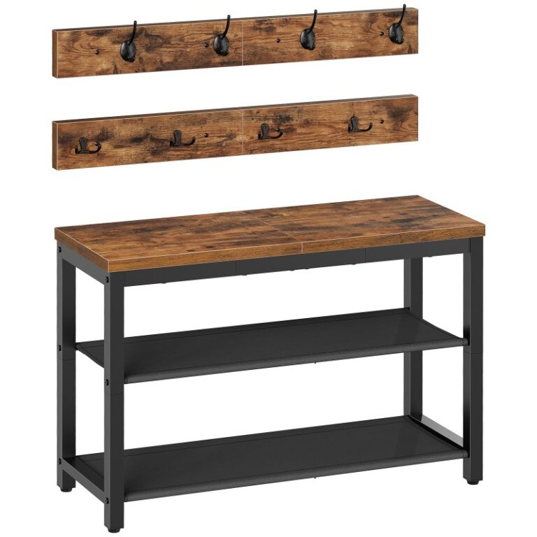 شجرة القاعة البنية والبنية الريفية مع مقعد, رف الأحذية الصناعي مع رف معطف, رف أحذية المدخل مع خطافات المعاطف, مقعد رف الأحذية, مع 2 أرفف نسيج أكسفورد, غرفة الطين