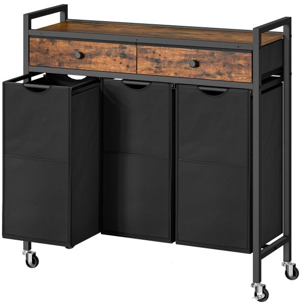 3-Abschnitt Wäschesortierer, Wäschekorb ausgestattet mit 2 Schubladen aus Vliesstoff, Ausziehbare, herausnehmbare Wäschesäcke aus Oxford-Stoff, Geeignet für die Verwendung im Waschraum, Rustikales Braun & Schwarz