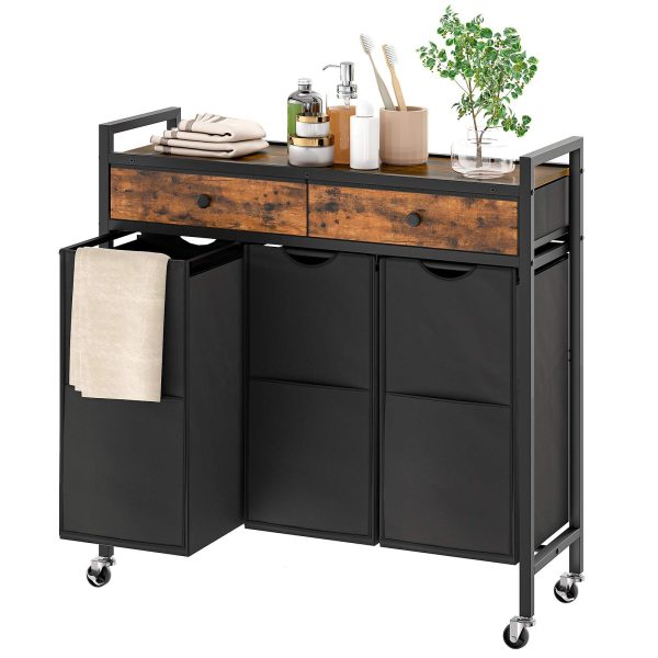 3-Abschnitt Wäschesortierer, Wäschekorb ausgestattet mit 2 Schubladen aus Vliesstoff, Ausziehbare, herausnehmbare Wäschesäcke aus Oxford-Stoff, Geeignet für die Verwendung im Waschraum, Rustikales Braun & Schwarz