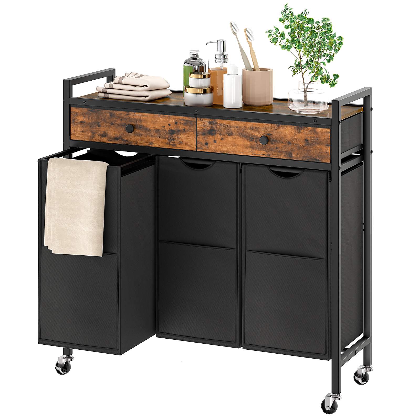 3-Section Laundry Sorter, Laundry Hamper Equipped with 2 Non-Woven Drawers, Pull-Out Removable Oxford Fabric Laundry Bags, Suitable for Laundry Room Use, Rustic Brown & Black