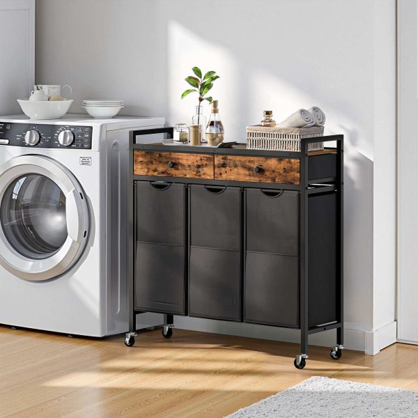 3-Abschnitt Wäschesortierer, Wäschekorb ausgestattet mit 2 Schubladen aus Vliesstoff, Ausziehbare, herausnehmbare Wäschesäcke aus Oxford-Stoff, Geeignet für die Verwendung im Waschraum, Rustikales Braun & Schwarz