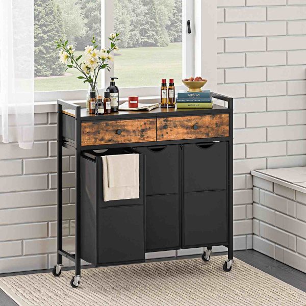 3-Abschnitt Wäschesortierer, Wäschekorb ausgestattet mit 2 Schubladen aus Vliesstoff, Ausziehbare, herausnehmbare Wäschesäcke aus Oxford-Stoff, Geeignet für die Verwendung im Waschraum, Rustikales Braun & Schwarz