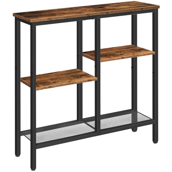 4-Tier Industrial Narrow Console Table, Metal Mesh Shelf Entryway Table with Adjustable Feet, Multi-Functional Sofa Side Table for Entryway, Living Room & Hallway, Rustic Brown & Black