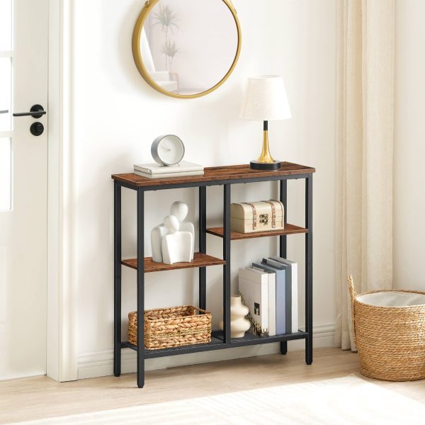 4-Tier Industrial Narrow Console Table, Metal Mesh Shelf Entryway Table with Adjustable Feet, Multi-Functional Sofa Side Table for Entryway, Living Room & Hallway, Rustic Brown & Black