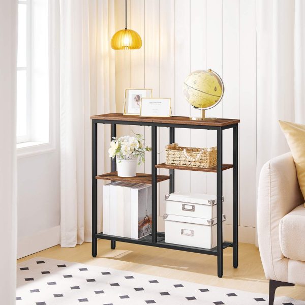 4-Tier Industrial Narrow Console Table, Metal Mesh Shelf Entryway Table with Adjustable Feet, Multi-Functional Sofa Side Table for Entryway, Living Room & Hallway, Rustic Brown & Black