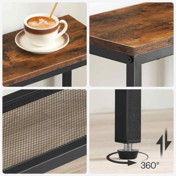 4-Tier Industrial Narrow Console Table, Metal Mesh Shelf Entryway Table with Adjustable Feet, Multi-Functional Sofa Side Table for Entryway, Living Room & Hallway, Rustic Brown & Black