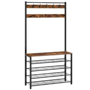 Hall Tree, Coat Rack with Shoe Rack, 39.4 Hall Tree with Bench, 5 Tier Shoe Storage Organizer with 9 Hooks for Entryway, Closet, Sturdy, Industrial, Rustic Brown and Black
