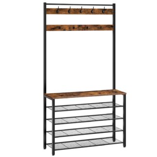 Hall Tree, Coat Rack with Shoe Rack, 39.4 Hall Tree with Bench, 5 Tier Shoe Storage Organizer with 9 Hooks for Entryway, Closet, Sturdy, Industrial, Rustic Brown and Black