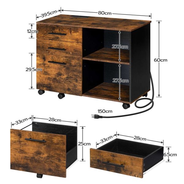 Lateralt arkiveringsskab med opladningsstation, 3-Skuffe kontoropbevaringsskab med USB-porte & Strømudtag, Printerstander med justerbar hylde til A4/Letter-filer, Brug af hjemmekontor
