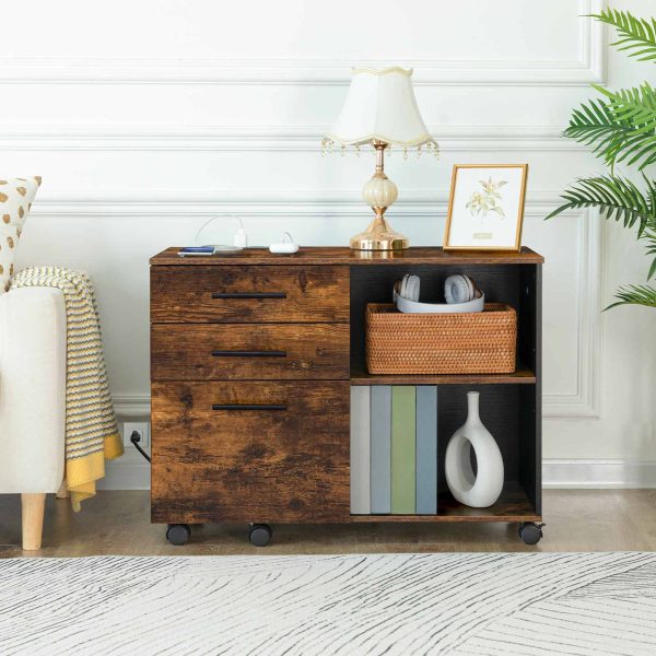 Lateralt arkiveringsskab med opladningsstation, 3-Skuffe kontoropbevaringsskab med USB-porte & Strømudtag, Printerstander med justerbar hylde til A4/Letter-filer, Brug af hjemmekontor