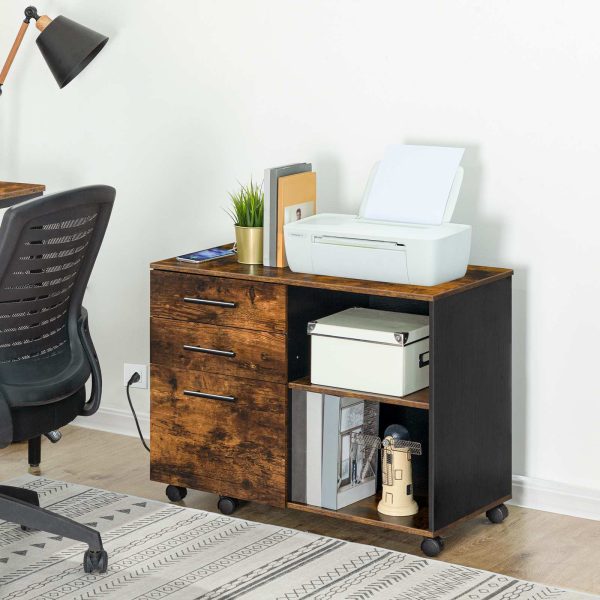 Lateralt arkiveringsskab med opladningsstation, 3-Skuffe kontoropbevaringsskab med USB-porte & Strømudtag, Printerstander med justerbar hylde til A4/Letter-filer, Brug af hjemmekontor