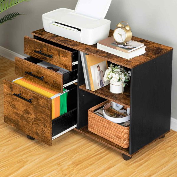 Lateralt arkiveringsskab med opladningsstation, 3-Skuffe kontoropbevaringsskab med USB-porte & Strømudtag, Printerstander med justerbar hylde til A4/Letter-filer, Brug af hjemmekontor