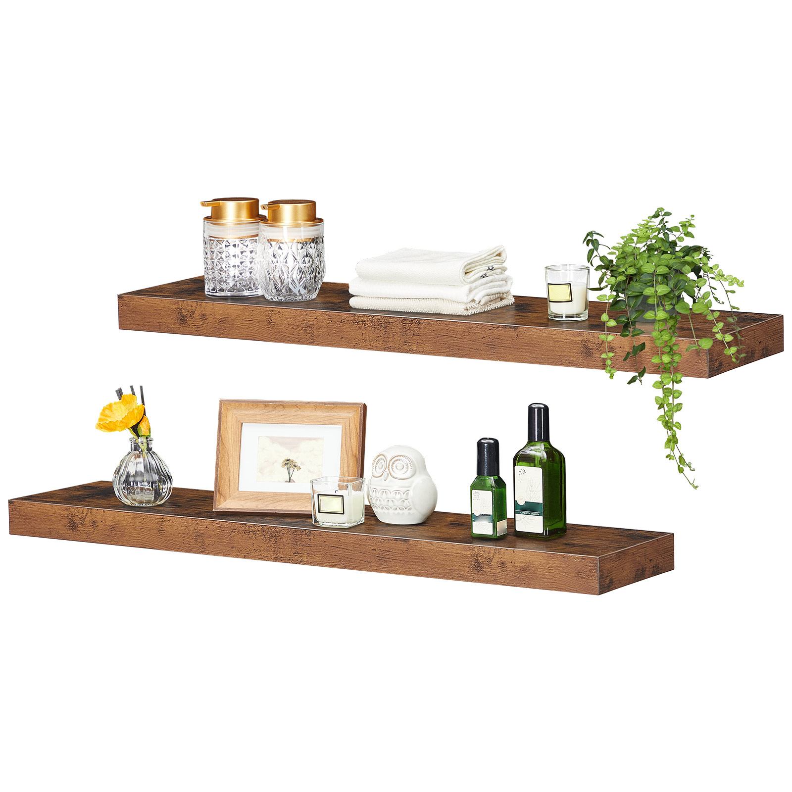 Rustic Brown 2-Piece Wall-Mounted Floating Shelf Set with Invisible Brackets, Suitable for Bathroom, Bedroom, Kitchen, Office and Living Room Decoration