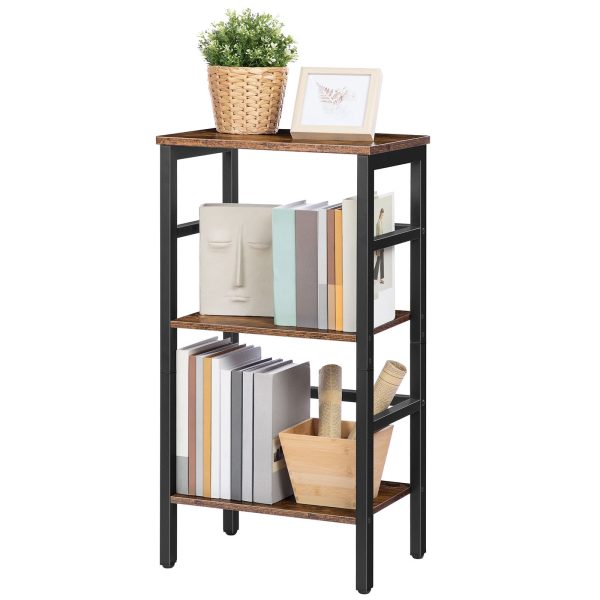 3-Tier Narrow Bookshelf, Wooden Free-Standing Storage Rack with Side Fences, Multifunctional Display Shelf for Record Storage, Convient pour le salon, Chambre à coucher, Salle de classe, Brun rustique