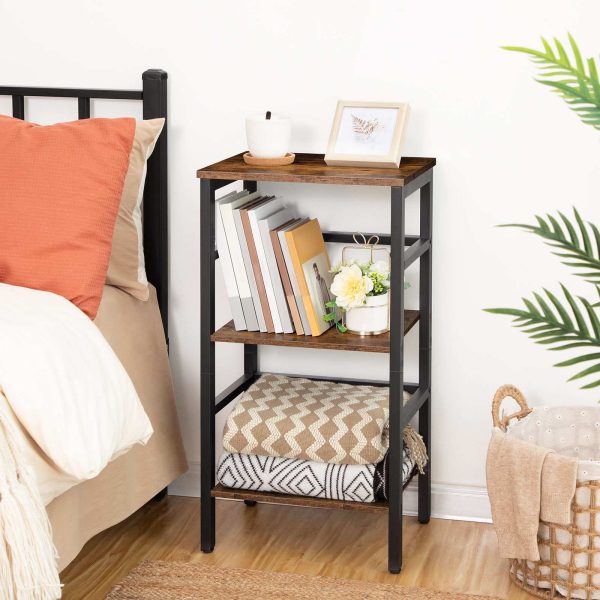 3-Tier Narrow Bookshelf, Wooden Free-Standing Storage Rack with Side Fences, Multifunctional Display Shelf for Record Storage, Convient pour le salon, Chambre à coucher, Salle de classe, Brun rustique