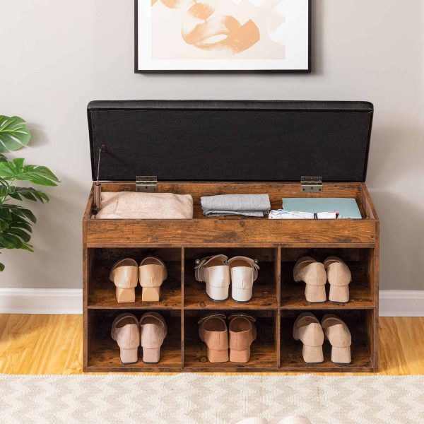 Entryway Shoe Storage Bench with Padded Cushion, Flip-Open Storage Box & 6 Cubbie Compartments, Multifunctional for Entrance, Corridor, Living Room & Bedroom