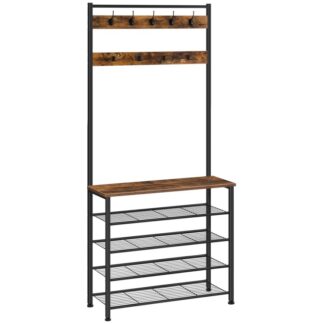 Stojak na płaszcz przemysłowy, Rustykalny brązowy i czarny stojak z przechowywaniem na buty, Wolnostojące drzewo do przedpokoju z 9 Haczyki, Wieszak na buty i płaszcze do przedpokoju, Wejście, Metalowa rama, Silny