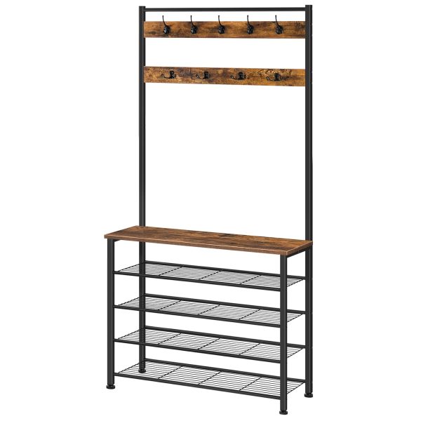 Industriell-Stil Coat Stand, Rustikal Braun & Black Hall Tree mat Schong Stockage, Free-Stand Coat Rack mat 9 Haken, Metal-Frame Robust Mantel a Schong Organisateur fir Gang & Entrée