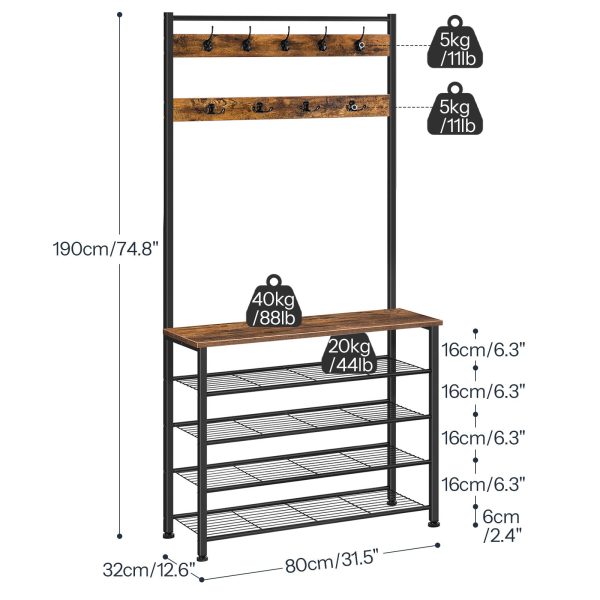 Industriell-Stil Coat Stand, Rustikal Braun & Black Hall Tree mat Schong Stockage, Free-Stand Coat Rack mat 9 Haken, Metal-Frame Robust Mantel a Schong Organisateur fir Gang & Entrée