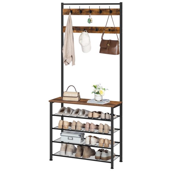 Industriell-Stil Coat Stand, Rustikal Braun & Black Hall Tree mat Schong Stockage, Free-Stand Coat Rack mat 9 Haken, Metal-Frame Robust Mantel a Schong Organisateur fir Gang & Entrée