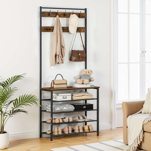 Industriell-Stil Coat Stand, Rustikal Braun & Black Hall Tree mat Schong Stockage, Free-Stand Coat Rack mat 9 Haken, Metal-Frame Robust Mantel a Schong Organisateur fir Gang & Entrée