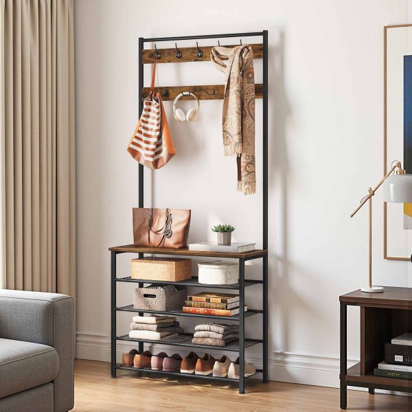 Industriell-Stil Coat Stand, Rustikal Braun & Black Hall Tree mat Schong Stockage, Free-Stand Coat Rack mat 9 Haken, Metal-Frame Robust Mantel a Schong Organisateur fir Gang & Entrée
