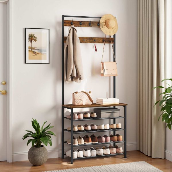 Industriell-Stil Coat Stand, Rustikal Braun & Black Hall Tree mat Schong Stockage, Free-Stand Coat Rack mat 9 Haken, Metal-Frame Robust Mantel a Schong Organisateur fir Gang & Entrée