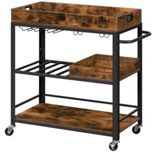 bar cart, serving cart with removable tray, kitchen cart with wine rack and cup holders, lockable castors, suitable for kitchen, living room, bar, rustic brown