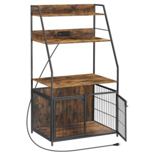 dog crate furniture, wooden dog kennel with 3 storage shelves, dog house with charging station indoor, double-door dog cage with chew-resistant metal mesh, rustic brown and black