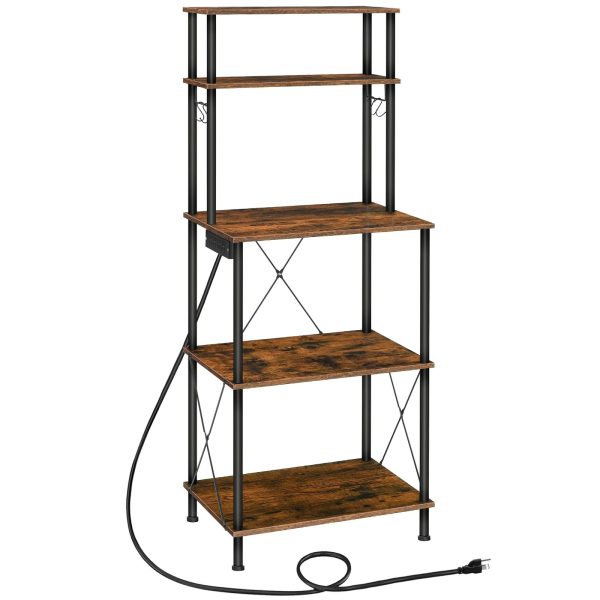 5-Tier Kitchen Baker's Rack with Power Outlets, Microwave Stand & S-Shaped Hooks, Multi-Functional Storage Rack for Coffee Bar, Living Room & Dining Room, Rustic Brown & Black