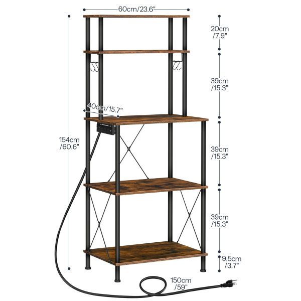 5-Tier Kitchen Baker's Rack with Power Outlets, Microwave Stand & S-Shaped Hooks, Multi-Functional Storage Rack for Coffee Bar, Living Room & Dining Room, Rustic Brown & Black