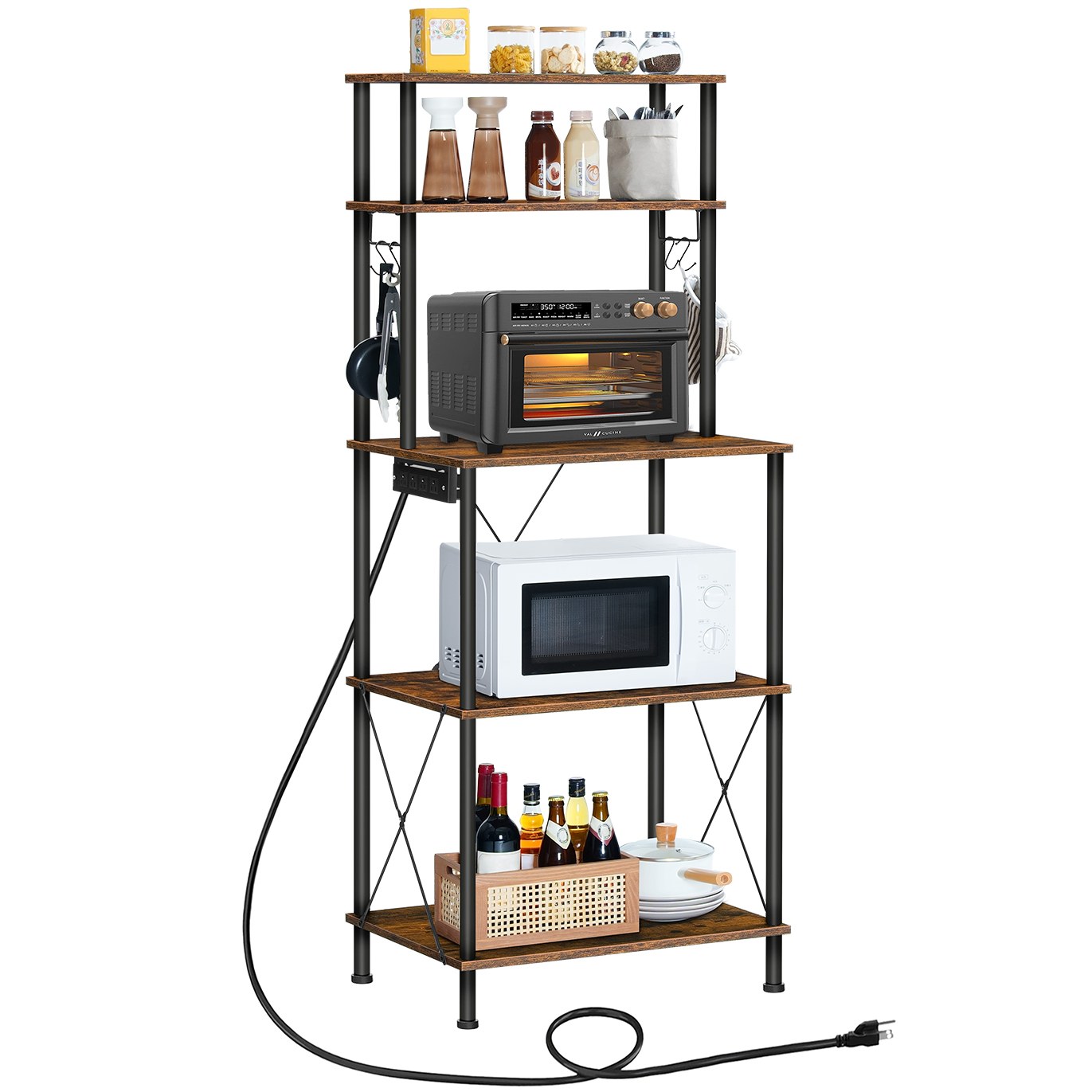 5-Tier Kitchen Baker's Rack with Power Outlets, Microwave Stand & S-Shaped Hooks, Multi-Functional Storage Rack for Coffee Bar, Living Room & Dining Room, Rustic Brown & Black